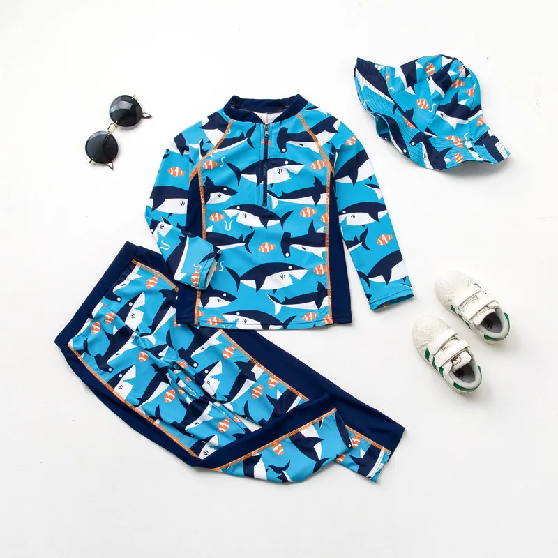 

3pcs Three-piece Swimsuit for Children Swimwear UV Prodection Boys Swimsuit Infant Baby Shark Sunscreen Bathing Suit with Cap