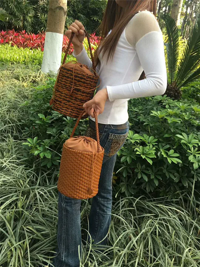2018 Japanese Sweet Lady casual Style Bucket Basket Bag Leather Top handle Female Rattan Bag
