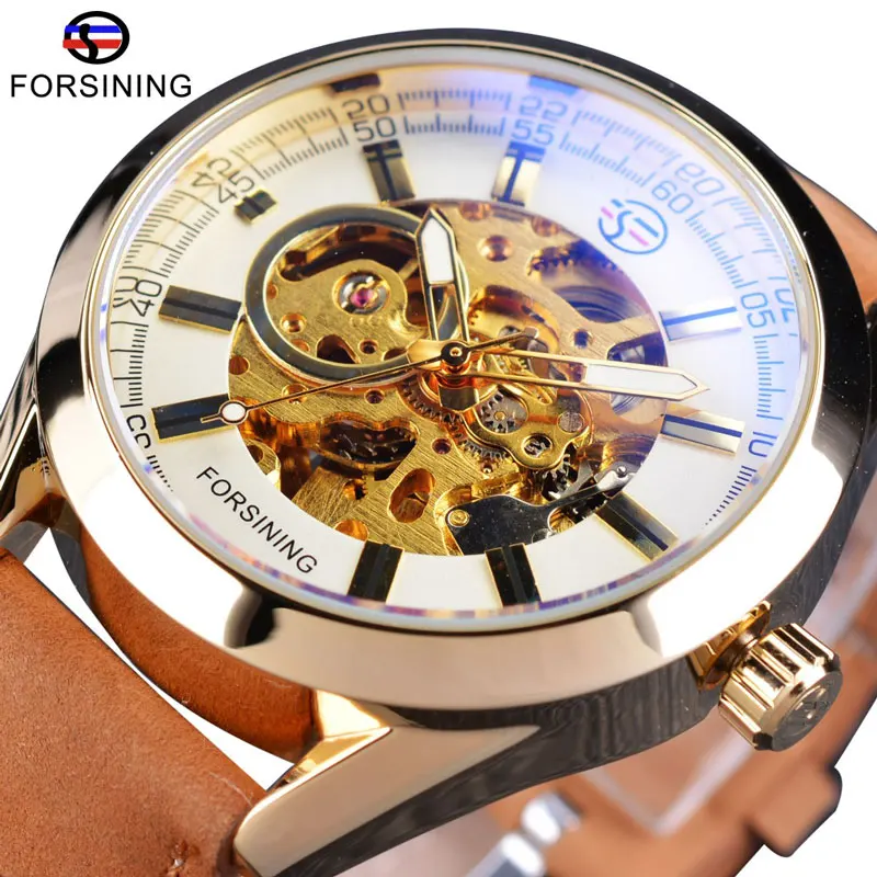 Forsining Повседневное Спорт серии Водонепроницаемый автоматический Для мужчин наручные часы лучший бренд класса люкс механический прозрачный Часы с костями - Цвет: White Brown