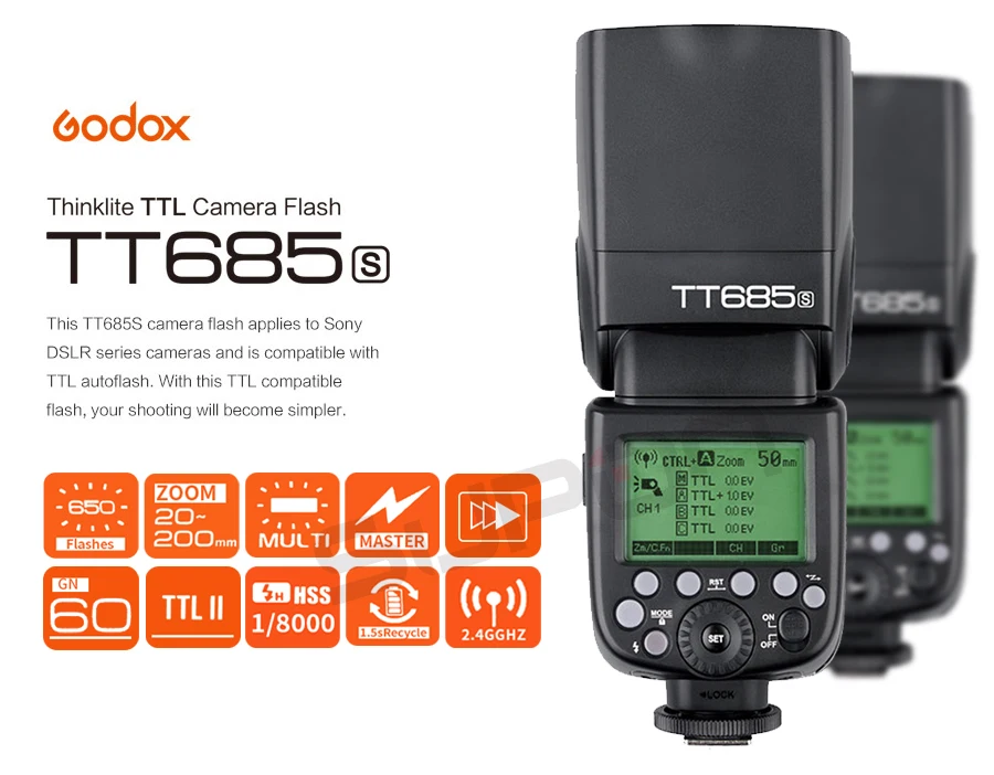 Godox TT685S вспышка для камеры Speedlite с 2,4G HSS 1/8000 s ttl+ X1T-S для камеры sony s A77II A7RII A7R A58 A99