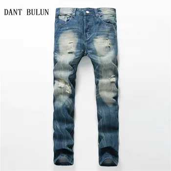

2020 Men's Ripped Jeans Pants Slim Fit Straight Blue Biker Hole Denim Pants Male Distressed Destroyed Casual Trousers