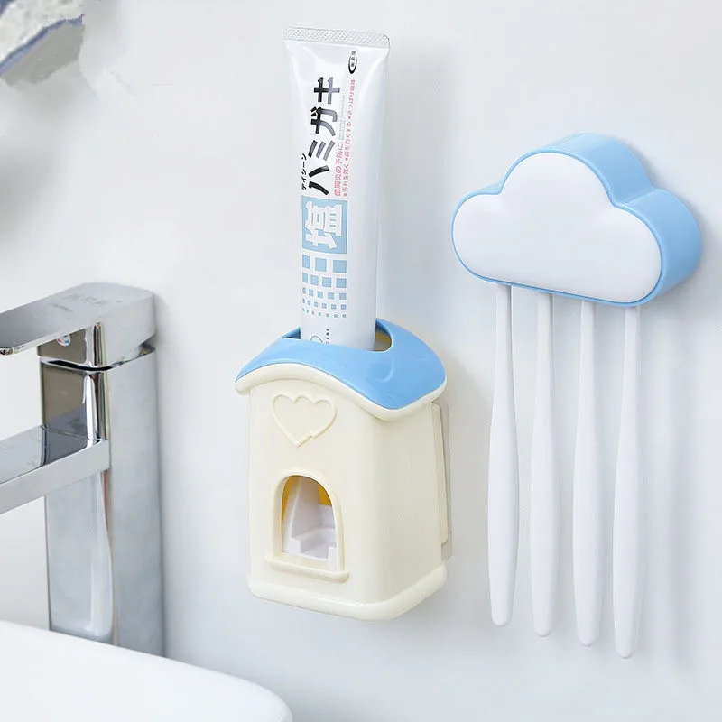 

1 Set 4 Colors Cartoon Clouds Automatic Toothpaste Dispenser Set 4 Toothbrush Holder Wall Mount Bathroom Supplies Toiletries