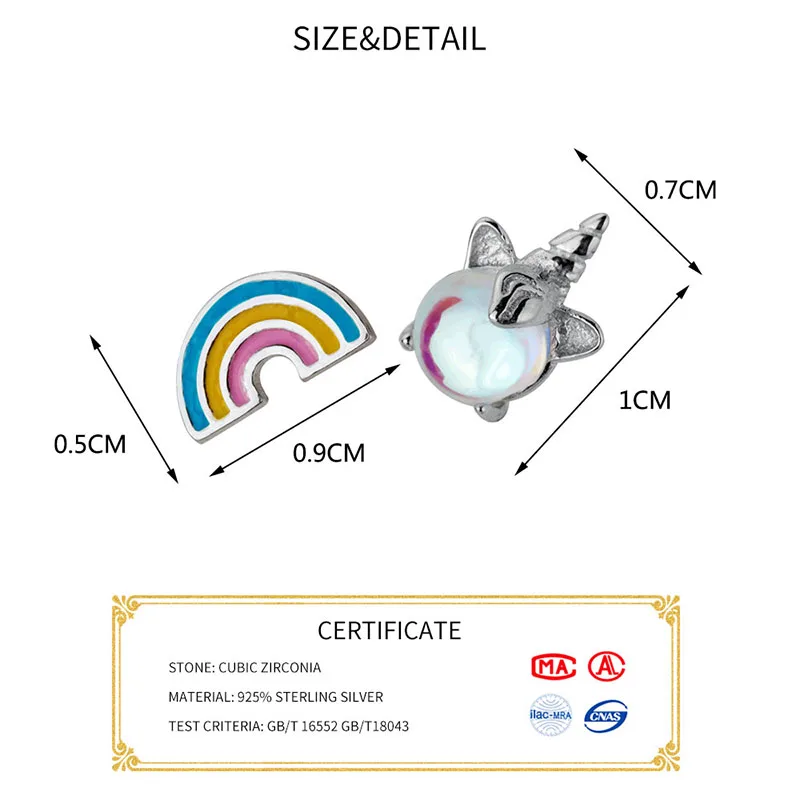 INZATT, настоящее 925 пробы, серебряные серьги-гвоздики с кристаллами в виде единорога, Модные женские вечерние серьги с эмалью радуги, милые ювелирные украшения, подарок