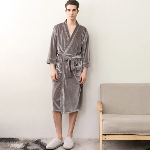 SSH0291 осенне-весенний мужской женский халат однотонный бархатный халат унисекс для влюбленных пар сексуальное ночное белье с v-образным вырезом ночное белье размера плюс - Цвет: Grey Men