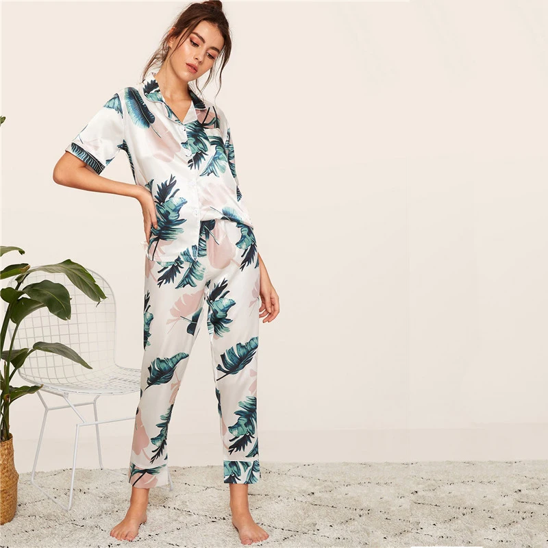 ROMWE, Женский Атласный пижамный комплект с тропическим принтом, блузка с коротким рукавом и длинные штаны, комплекты ночного белья из двух частей