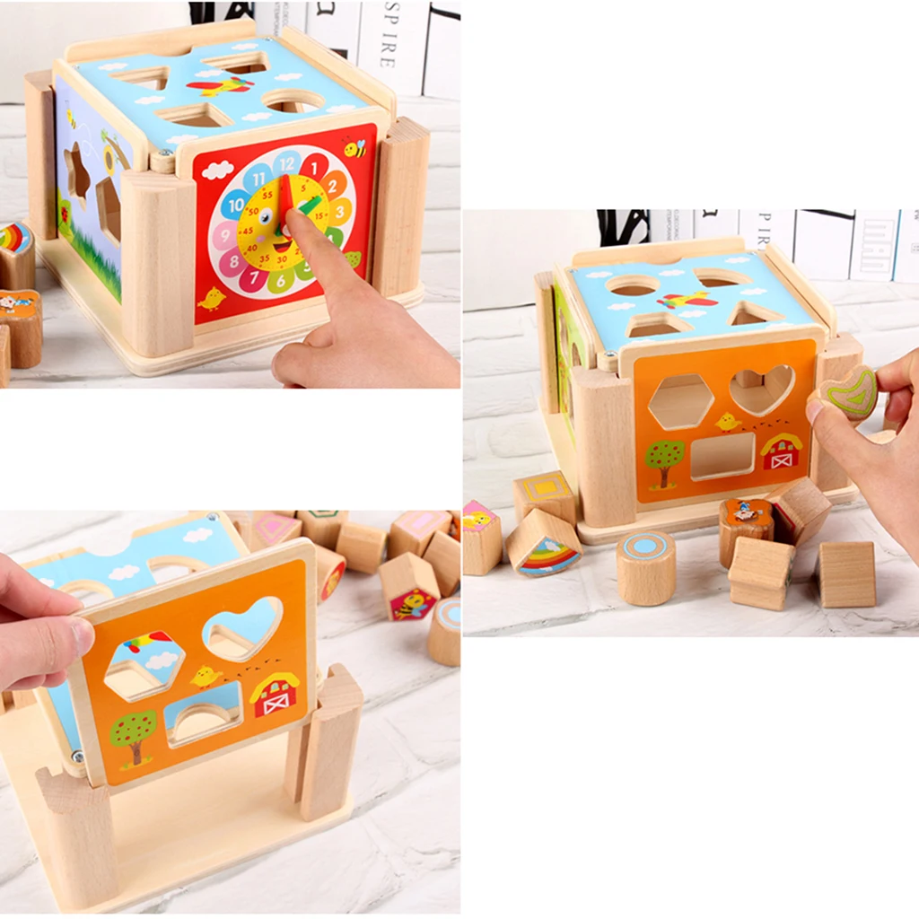 Wooden Shape Sorting Box - Baby Geometric Building Block & Teaching Clock Toys Early Geometric Shapes Cognitive Learning