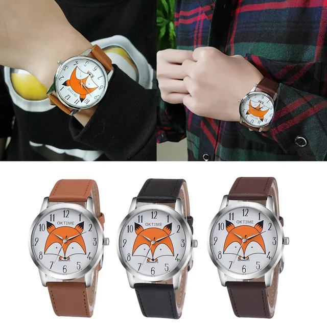 Retro Men Women Watches Cartoon Fox Design Leather Band Quartz Wrist Watch Luxur Retro Men Women Watches Cartoon Fox Design Leather Band Quartz Wrist Watch Luxur