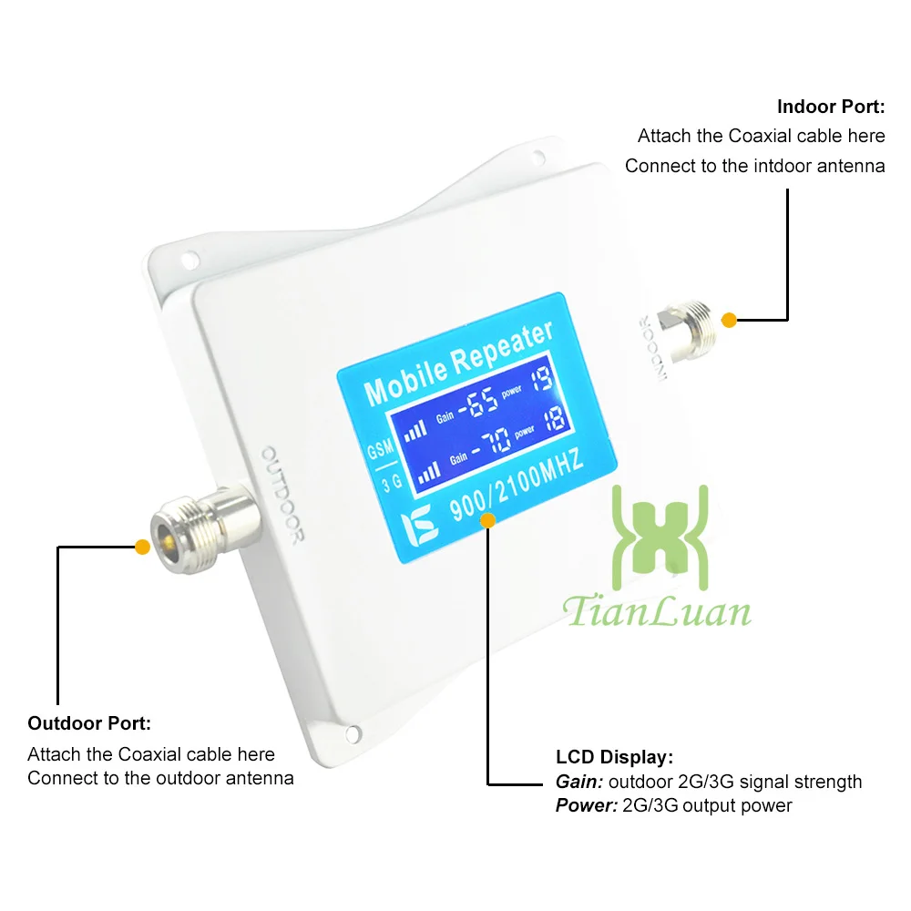 TianLuan mini Cell Phone Signal Repeater GSM 900MHz W-CDMA 2100MHz 2G 3G Booster Amplifier with Power Adapter Band 1 8
