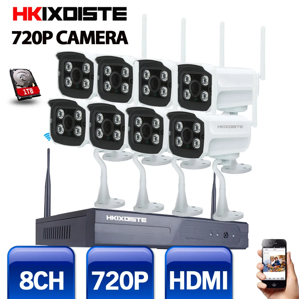 

8CH CCTV System Wireless 720P NVR 8PCS 1.0MP IR Outdoor P2P Wifi IP CCTV Security Camera System Surveillance Kit 1TB HDD