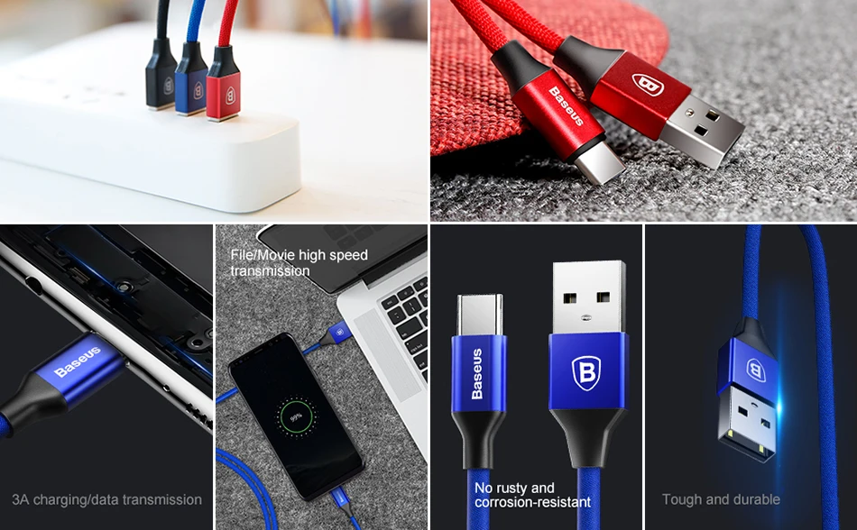 Baseus Type usb C cable for samsung Galaxy Note8 S8 S9 plus mobile phone for fast charging cable 3A Type-C USB cable