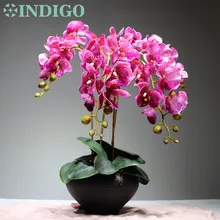 Индиго-фиолетовые орхидеи(4 шт. Орхидея+ 3 шт. Лист) цветок Аранжировка реальный сенсорный стол украшение центральный