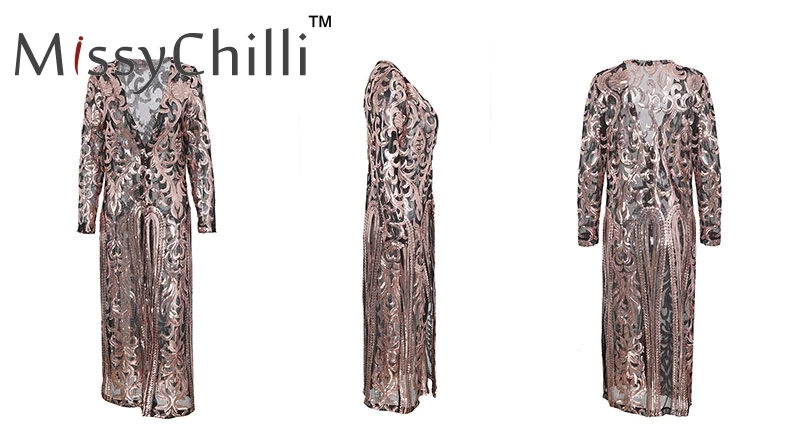 MissyChilli, длинное Сетчатое пальто с блестками, тренч для женщин, прозрачная Цветочная вышивка, верхняя одежда и пальто, модные летние вечерние, модная одежда