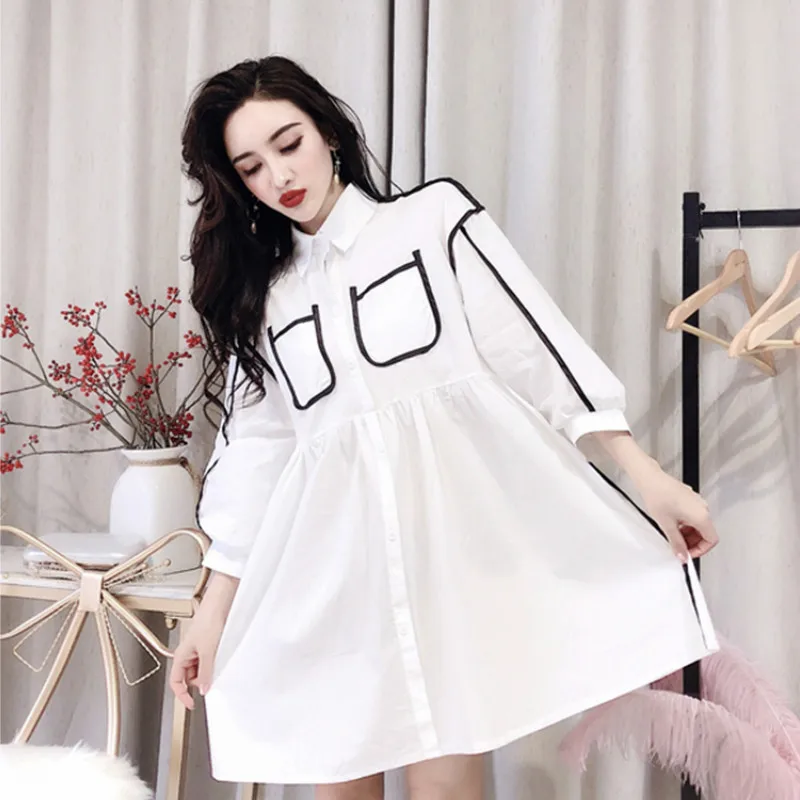 

2019 spring summer Korean casual Spell color stitching Loose Sexy mini dress women lapel white party Dress kleider damen dresses