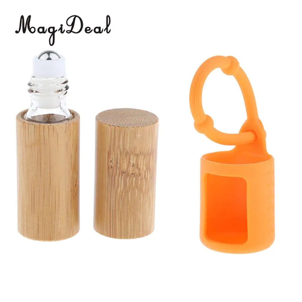 Wooden Empty Essential Oils Roller Bottle with Silicone Carrying Cover Sleeve Kit Set