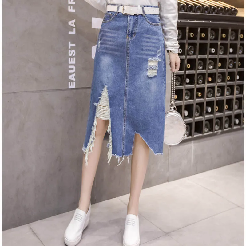 

Ladies Half Skirt Hole Splice Irregular Split Half-length Denim Skirt Comfortable Fabric Simple Design Fashion Version Loose