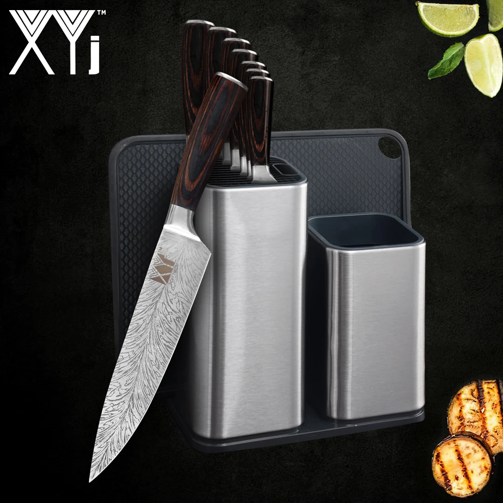 

XYj Chef Slicer Bread Chop Santoku Utility Fruit Stainless Steel Kitchen Knife Feather Pattern Chef Gyutou With Knife Holder