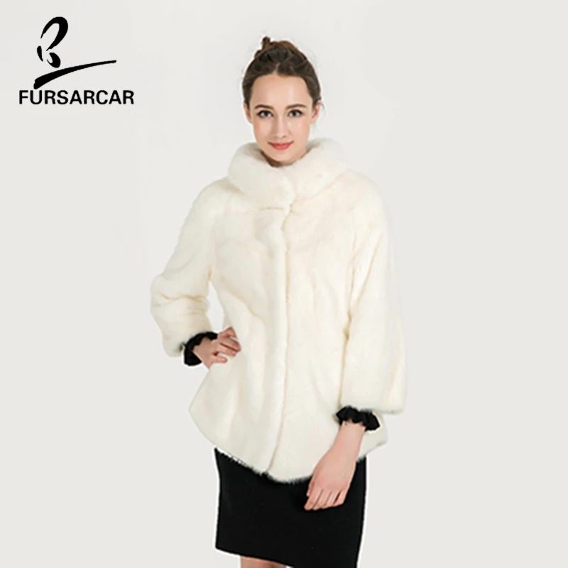 FURSARCAR White Mink Fur Coat Thick Warm Fur Real Full Pelt Mink Fur Women Winter Coat Short Style Three Quarter Coats BF-C0483 FURSARCAR White Mink Fur Coat Thick Warm Fur Real Full Pelt Mink Fur Women Winter Coat Short Style Three Quarter Coats BF-C0483