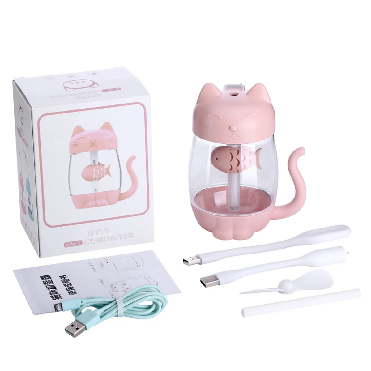 3 in 1 350ML USB Cat Air Humidifier Ultrasonic Cool-Mist Adorable Mini Humidifier With LED Light Mini USB Fan for Home office