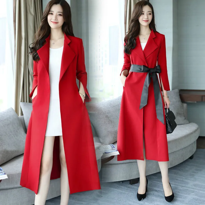 

Casual Trench Coat Turn-down Collar Long Sleeve Slim with Pockets Waist Belt Sashes Bow for Women Plus Size Solid Autumn Fashion
