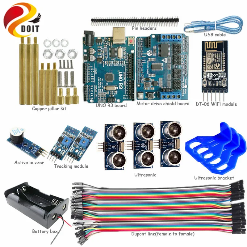 

Official DOIT WiFi Control 2-way Tracking 3-way Ultrasonic Obstacle Avoidance Smart Car kit for Arduino