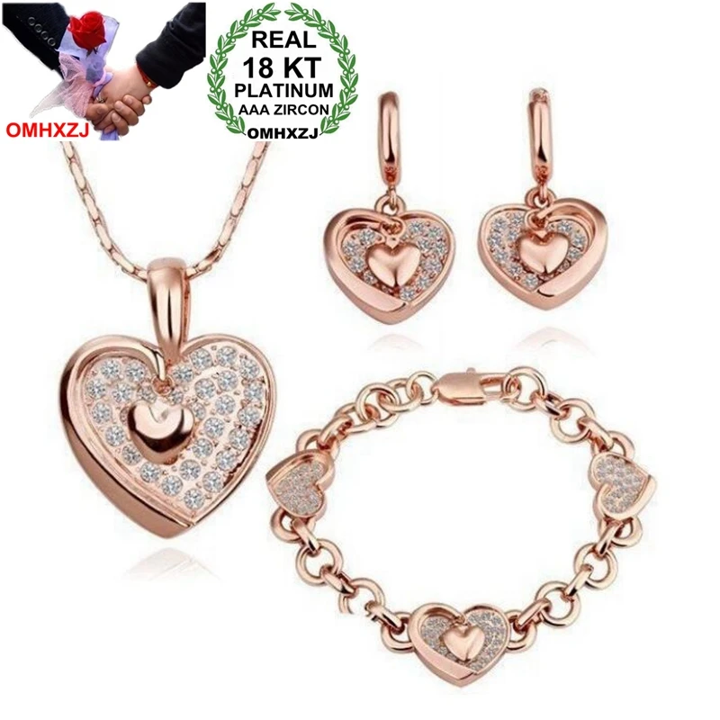 OMHXZJ AAA Zircon Crystal Silver Gold 18KT Platinum Woman Bride You In My Heart Necklace Earrings Bracelets Jewelry Sets ST67 | Украшения и
