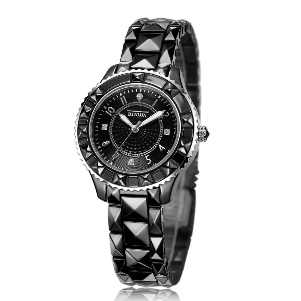 BINLUN чисто белые керамические женские кварцевые часы элегантные дамские часы с бриллиантовым циферблатом водонепроницаемые Роскошные керамические часы с защитой от царапин
