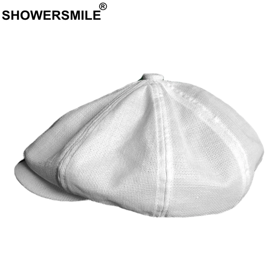

SHOWERSMILE Mens Newsboy Caps White Linen Beret Hat Male Breathable Solid Octagonal Hat Summer Thin High Quality Ivy Gatsby Cap
