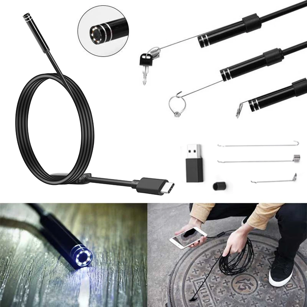 

OD5.5mm 6LED Android USB Type C Endoscope Camera 1M Flexible Snake Hard Wire USB Type C Waterproof Tube Inspection Tools Camera