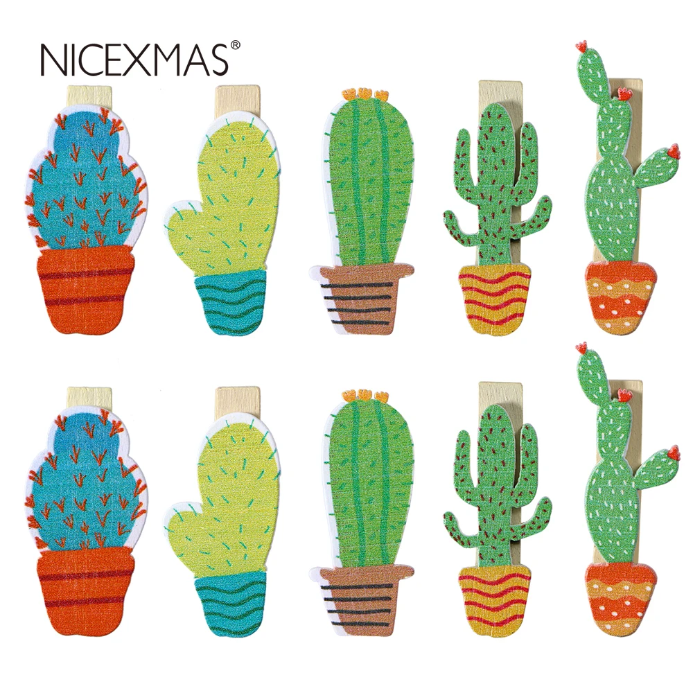 

NICEXMAS 10pcs Cute Cactus Wooden Pegs Photo Clips Pins Note Memo Card Holder For Wedding Party Decoration