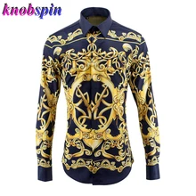 Европейский королевский сценический стиль рубашка с принтом для мужчин отложной воротник с длинным рукавом Тонкая Повседневная Женская сорочка homme деловая мужская рубашка
