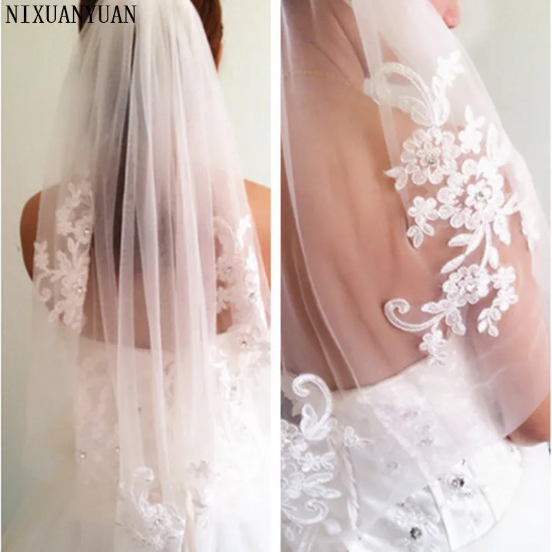 

NIXUANYUAN In Stock Short One Layer Waist Length Beaded Diamond Appliqued White or Ivory Wedding Veil Bridal Veils