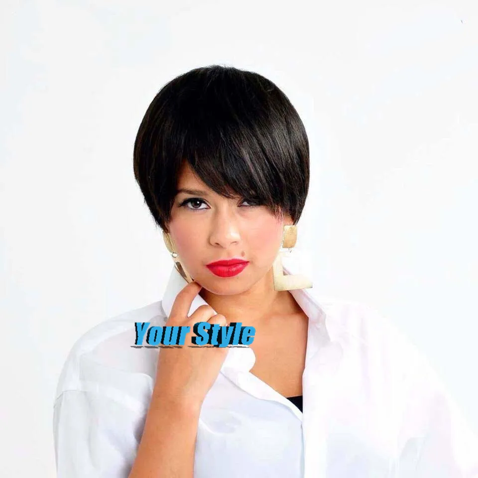 Pixie Cut Gaya Rambut Sintetis Wig Rambut Pendek Lurus Hitam Wig
