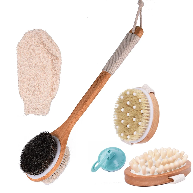 

Natural Bristle Bath Brush Set Exfoliating Lipid Massage Health Care Dry Brush SPA Body Massage Wooden Shower Brush D40