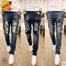Mode 2016 Männer Loch Zerrissene Patch Slim Fit Jeans Jugendliche Beiläufige Distressed Jungen Hip Hop Studenten Gefesselt Bleistift Hosen 28-34