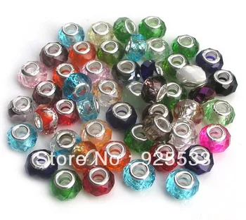 

Free Shipping 500PCS 14mm Crystal Glass Silver Plated core Big Hole Loose Beads fit European Braclet Charm DIY
