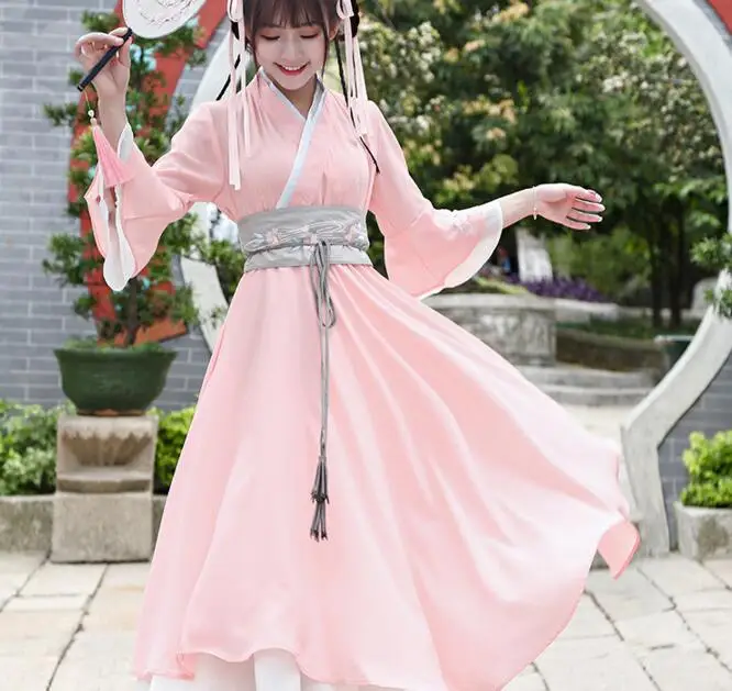 Summer National Daily Women Dress Improved Han Chinese Clothing Vintage Cross Collar Double Dress Expansion Han Element Dress1