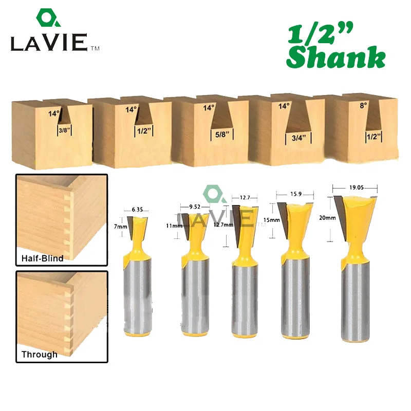 

LA VIE 1pc 1/2" Shank Dovetail Joint Router Bit 14 Degree Woodworking Engraving Milling Cutter 1/4" 1/8" 5/8" 3/4" 9/16" MC03034