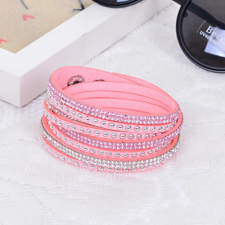 17 цветов, модный кожаный браслет, многослойное украшение в стиле панк, браслеты и браслеты, браслет с заклепками для женщин, браслеты - Окраска металла: pink