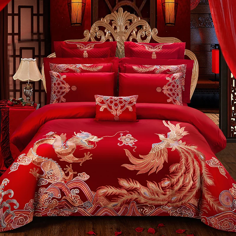 

Luxury Red Wedding Style Bedding Set Gold Loong Phoenix Embroidery 100S Egyptian Cotton Duvet Cover Bed sheet/Linen Pillowcases