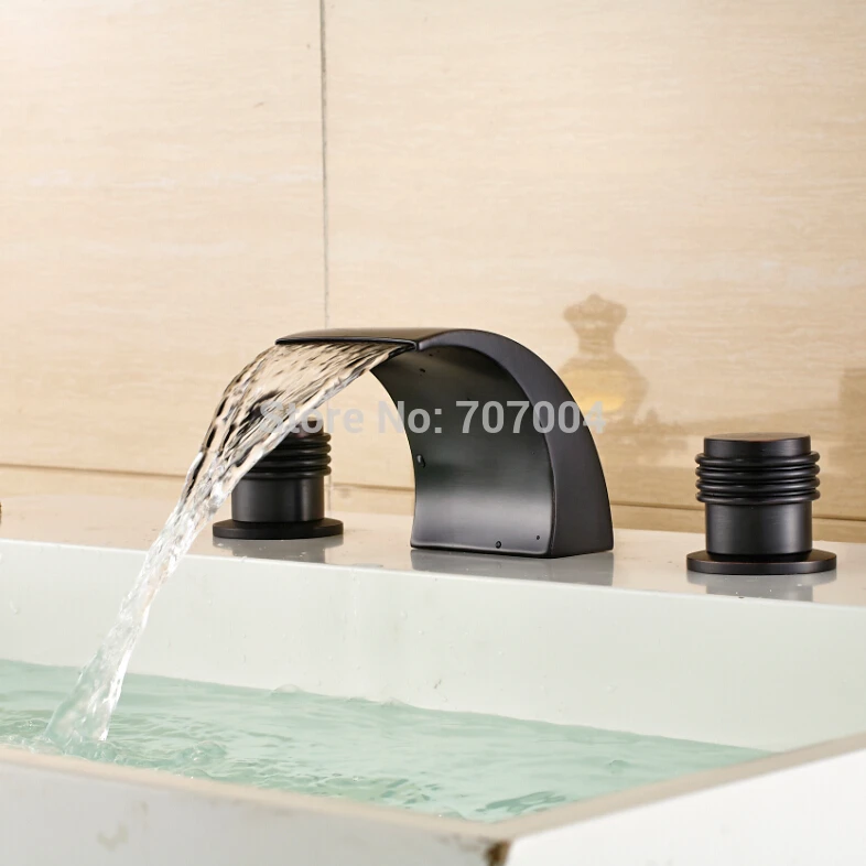 High Quality Deck Mounted Double Handles Basin Faucet Taps Oil Rubbed Bronze Finished Waterfall Spout