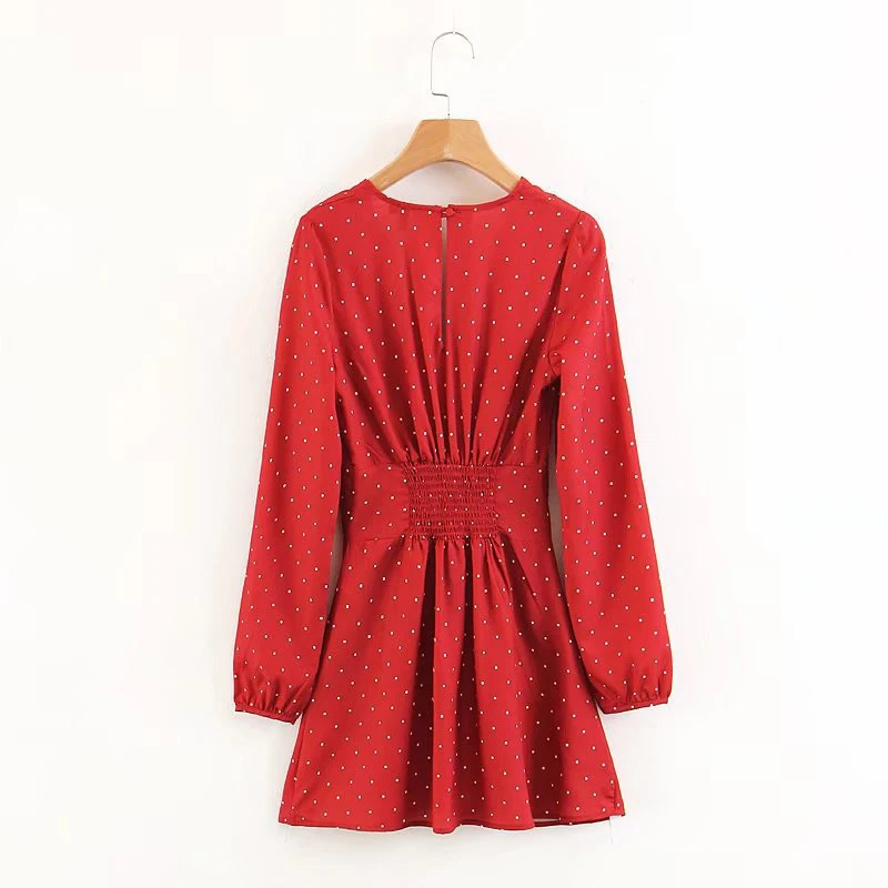 Red Polka Dot Summer Dress Long Sleeve Sexy Beach Dress Women Elasticity Waist V neck Elegant Bohemian Vestido  5