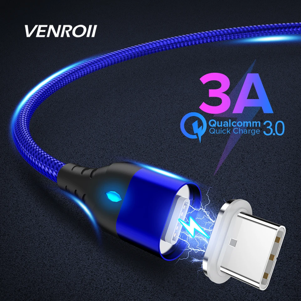Venroii 1 м Магнитный Micro USB кабель Магнитный зарядное устройство синхронизации данных Тип C Kable Android телефон 3A провод для быстрой зарядки для samsung Xiaomi