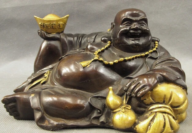 

dr608 9" Chinese Bronze Gilt Happy Maitreya Buddha Hold YuanBao Money Bag Gourd Statue