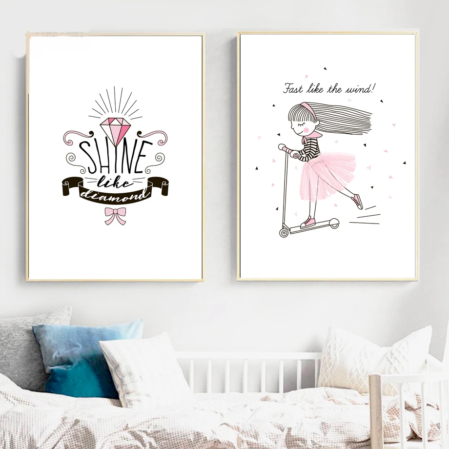 

Cartoon Diamond Scooter Girl Wall Art Canvas Painting Nordic Posters And Prints Wall Pictures Baby Girl Room Bedroom Home Decor