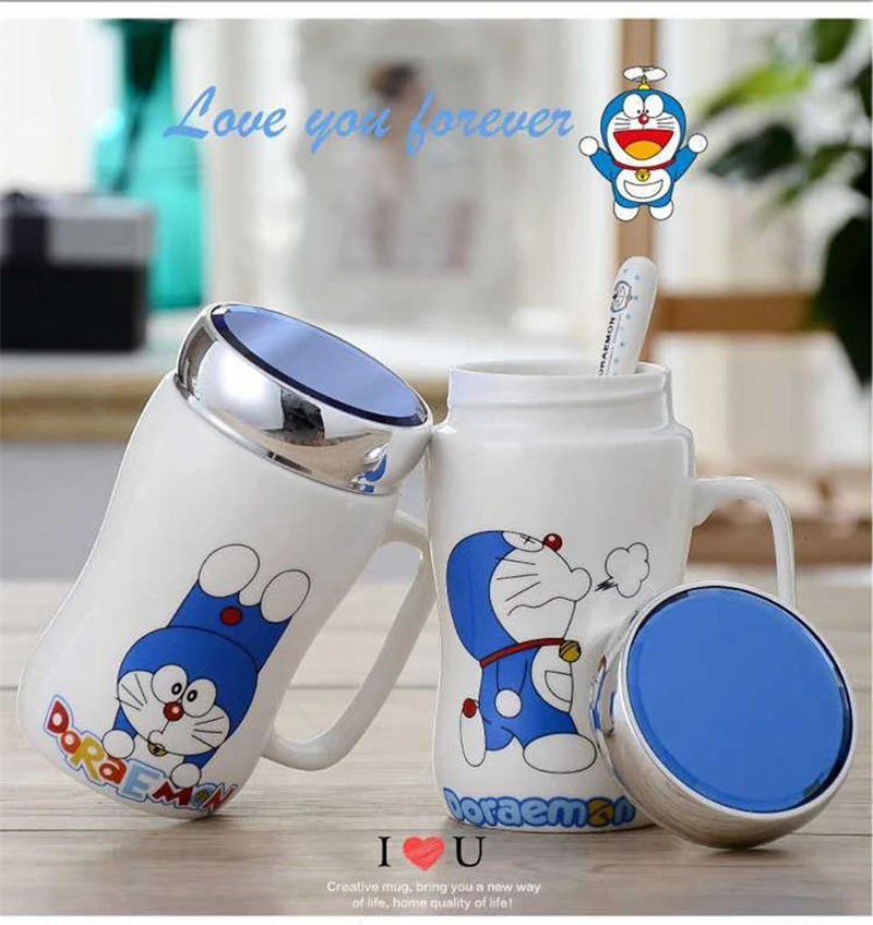 450ml Doraemon Ceramic Coffee Mugs with Mirror Lid and Spoon Cute Totoro Tea Cup Milk Mug for Women Girls Student Teen