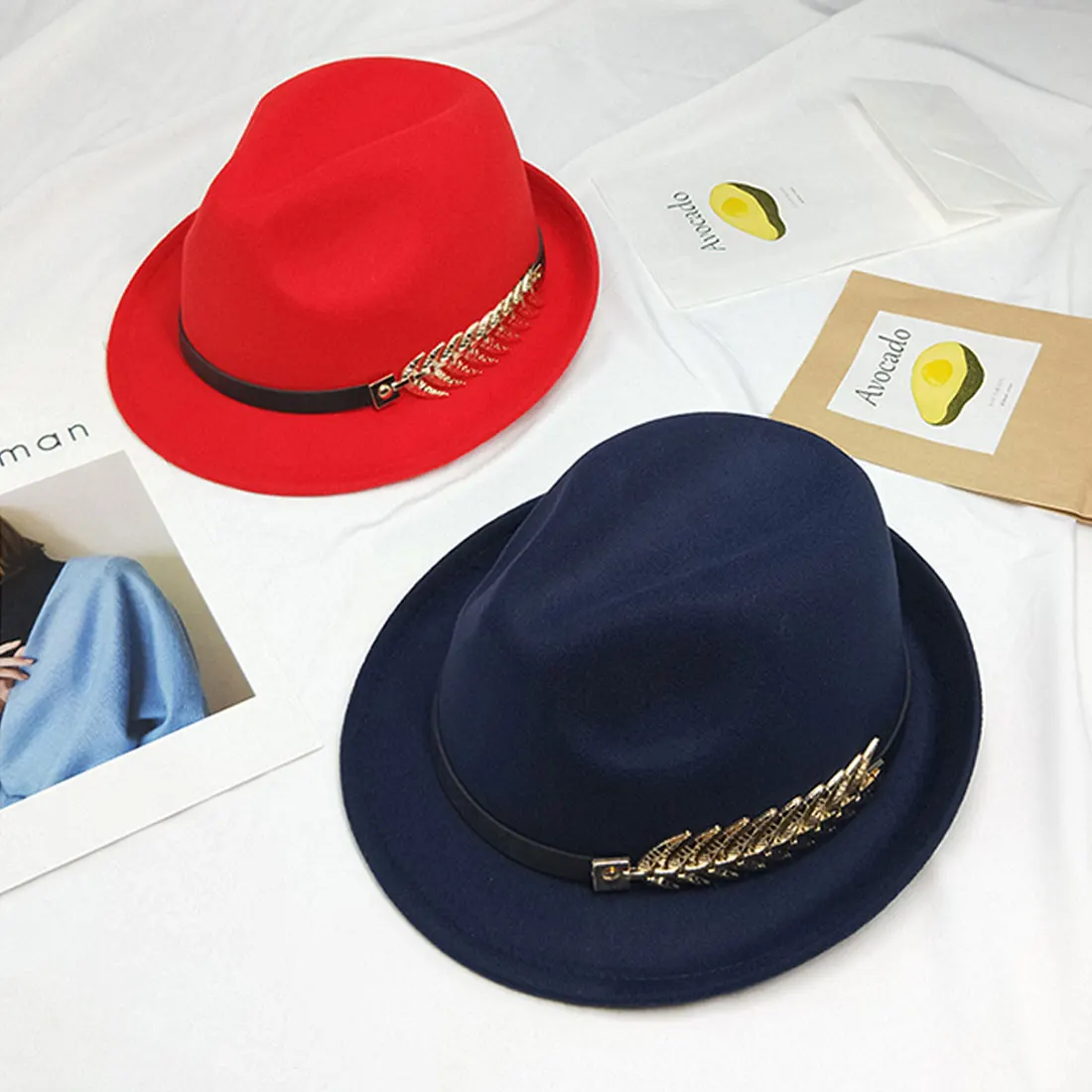 Solid Color Trend Men Women Wool Felt Hat Fedora Leather Band Blue Pattern Unique Felt Hats