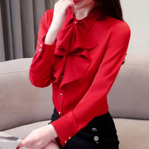 Женская блузка больших размеров модные женские блузки шифоновая блузка женские рубашки-топы и блузки рубашки женские с длинными рукавами 2030 50 - Цвет: Красный