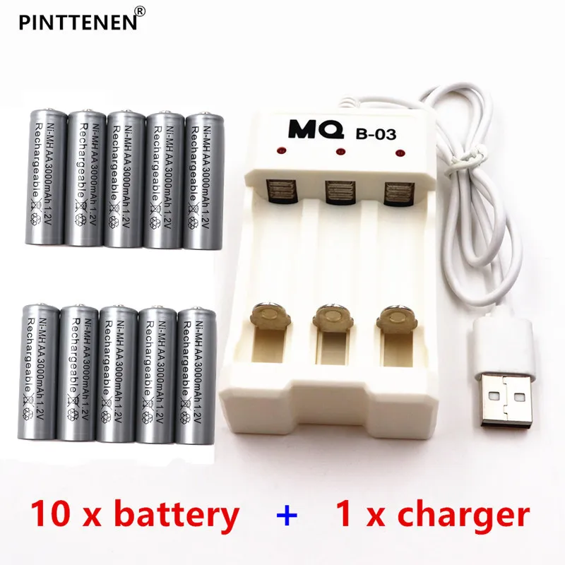 gray AA Rechargeable Battery NiMH 1.2V 3000mAh+Universal Smart 3 Slot AA/AAA Rechargeable