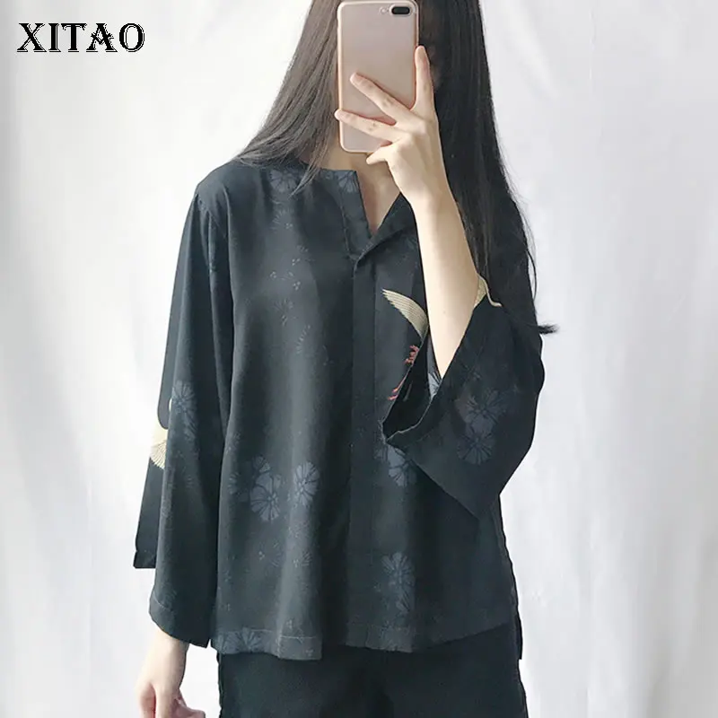 

XITAO Perspective Split Blouse Women V Neck Korea Fashion Nine Quarter Sleeve Print Pattern Irregular Wild Joker Thin WBB4414