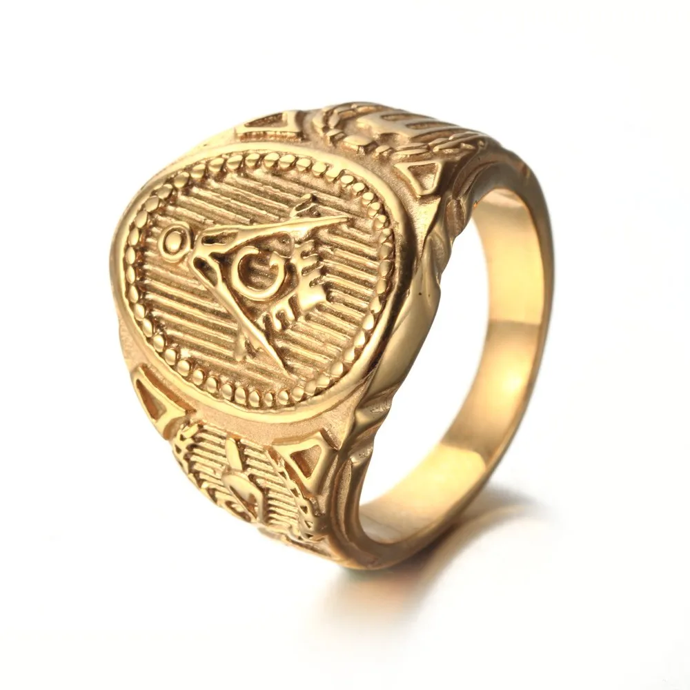 

Gold titanium steel ring Men's accessories wholesale Stainless steel G masonic ring restoring ancient ways